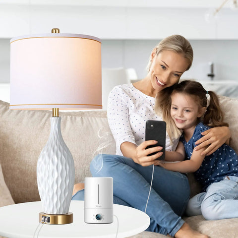 Must Have 2 Pack White Ceramic Table Lamps With 3 Way Dimmable Touch Control USB Ports And Linen Shade 27 Inch Modern Bedside Lamps