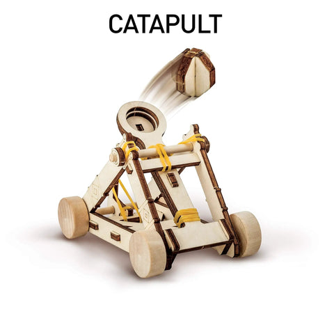 Da Vinci Catapult Kit For Kids With Ballista And Bombard, 3D Puzzle Wood Building Toy showing catapult with launching projectile