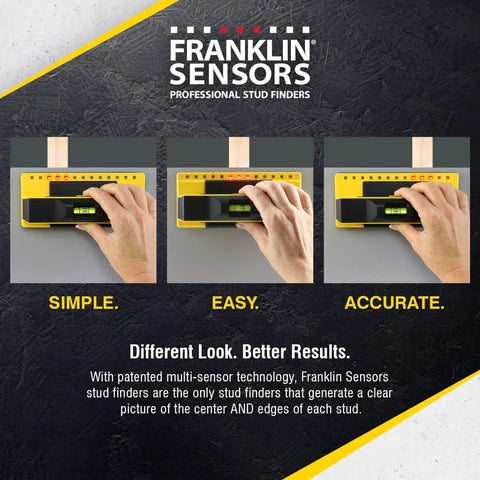 ProSensor 710 Plus Stud Finder With 13 Sensors scanning wood stud showing center and edges on LED display with bubble level.