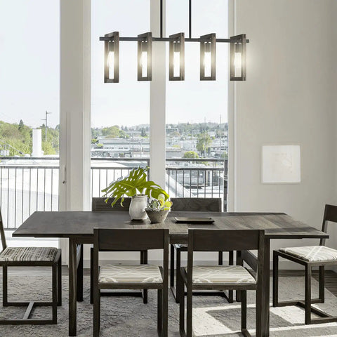 5 Light Rustic Farmhouse Pine Wood Hanging Kitchen Island Chandelier With Black Metal Frame in modern dining room setting