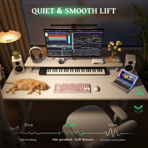 SIAGO 48x24 Inch Electric Standing Desk with quiet motor lift, 0.8 Inch Thick Tabletop, and workspace setup including computer and cat.