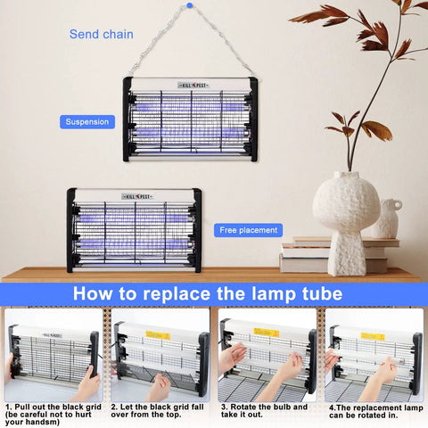 Two Pack Electric Bug Zapper Indoor And Outdoor Insect Killer With Four Replacement Bulbs 20W Blue Light Powerful 2800V Attracts Flies And Mosquitoes Plug In Pest Control For Home Patio And Garage displayed on table and wall with bulb replacement instructions
