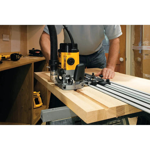 Router Track Saw Guide Adapter For Straight Routing On Any Line Compatible With Popular Fixed Base And Plunge Routers From Major Brands Black Finish For Precision being used on wood