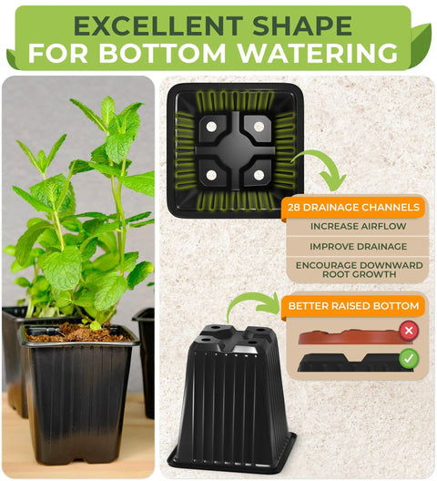 60 Pack Square Nursery Pots For Seedlings, 3.5 Inch Plant Pots With Drainage Holes, stackable design.