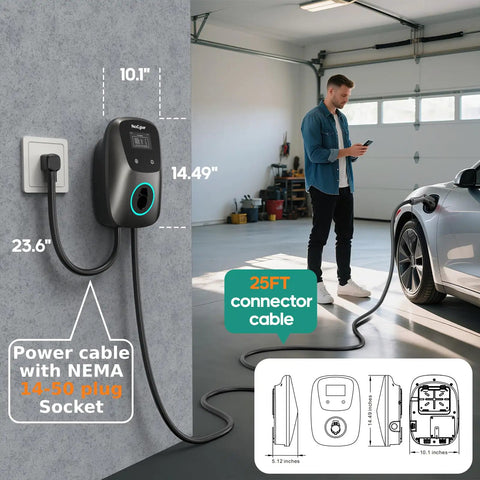 Man using Level 2 EV Charger With WiFi App And Plug In And Go 48 Amp Hardwired Or 38 MPH On NEMA 14 50 Plug 25 Foot Cable in garage