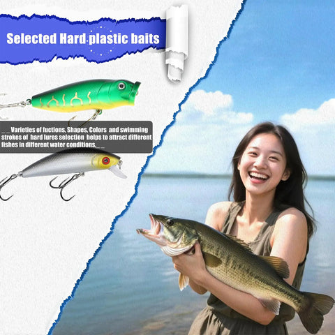 Woman holding fish next to 84Piece Fishing Lure Set With Tackle Box All In One For Saltwater And Freshwater Angling lure display