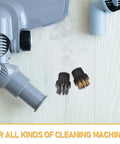 Ten Piece Steam Cleaner Brush Head Replacement Kit Featuring Heavy Duty Copper And Steel Bristles For Slick Groove Scrubbing Knocking Out Stubborn Grime On Portable Steam Mops with brush attachments and cleaner head.