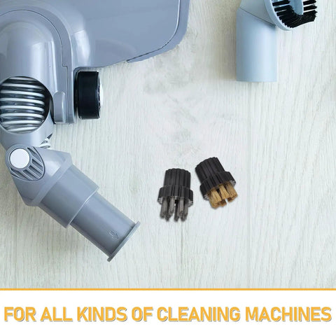 Ten Piece Steam Cleaner Brush Head Replacement Kit Featuring Heavy Duty Copper And Steel Bristles For Slick Groove Scrubbing Knocking Out Stubborn Grime On Portable Steam Mops with brush attachments and cleaner head.