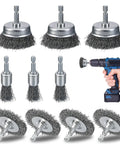 Coarse Carbon Steel Drill Wire Brush Set With Ten Piece Bundle Including Pen Wheel And Cup Brushes One Quarter Inch Hex Shank