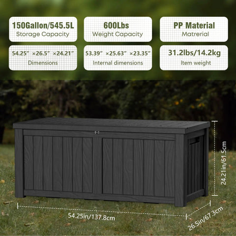 All Weather Outdoor Storage Box Bench, 150 Gallon Lockable And Waterproof Storage Chest, shown on grass, Onyx Black.
