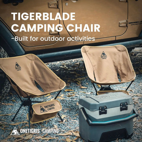 Two Tigerblade Camping Chair Lightweight Folding Backpacking Chairs for Hiking next to a vehicle and cooler in outdoor setting.