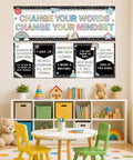 Colorful 2 Pack Composition Notebook Banner Posters For Classroom Growth Mindset Decor in a bright and cheerful study room.