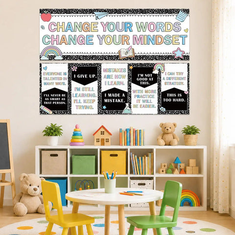 Colorful 2 Pack Composition Notebook Banner Posters For Classroom Growth Mindset Decor in a bright and cheerful study room.