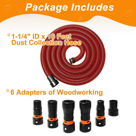 Versatile 16 Foot Vacuum Hose Kit With 6 Adapters For Dust Collection Fits Major Vacuum Brands displayed in package