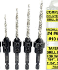 Pro Woodworking Countersink Drill Bit Set For Wood With Tapered Bits And Depth Stop Collar Includes Hex Wrench And Storage Case Five Piece Set Sizes 4 6 8 10 12 FTG USA displayed with clear packaging.