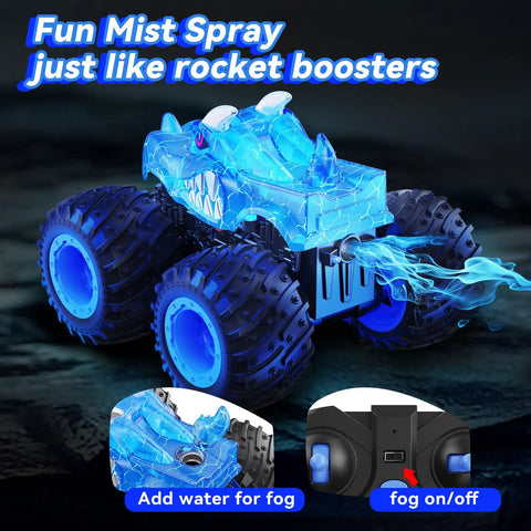 Monster Truck Remote Control Car With Light Spray And LED Boosters 2.4GHz All Terrain RC Toy showing mist spray effect