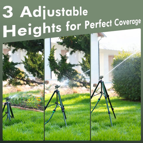 Heavy Duty Zinc Tripod Base Impact Sprinkler, 360 Degree Rotating, 3 Height Adjustable Steel Sprinkler Head in garden