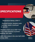 Fireplace Mortar Cartridge For Firebrick Repair, 10.3 Fl Oz, Black, High Heat Cure Formula shown in use with specifications.