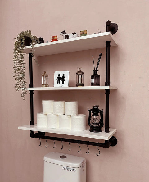 Industrial Pipe Shelving With Towel Rack 3 Tier 30 Inch Rustic White Floating Shelves above toilet with decor and toiletries