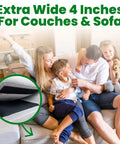Family enjoying time on sofa with visible extra wide hook and loop strips for secure cushion placement. Heavy Duty Hook And Loop Strips Keep Sofa Cushions Locked Where They Go Extra Wide Non Slip Tape Delivers A Rock Solid Grip And Makes Your Living Room Look Fresh Without Any Daily Guesswork.