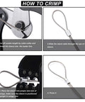Step-by-step crimping guide using the Heavy Duty Wire Rope Cutting And Crimping Tool For Aluminum Oval And Double Barrel Stop Ferrule Sleeves.