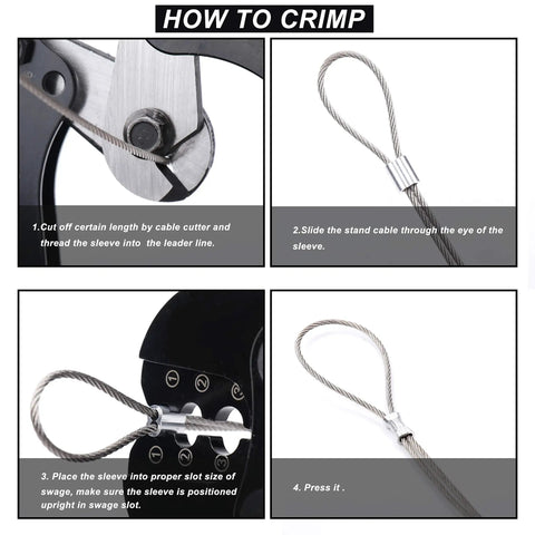 Step-by-step crimping guide using the Heavy Duty Wire Rope Cutting And Crimping Tool For Aluminum Oval And Double Barrel Stop Ferrule Sleeves.