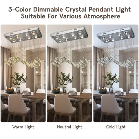 3-color dimmable crystal pendant light fixture above dining table with table settings, showcasing warm, neutral, and cold lighting effects.