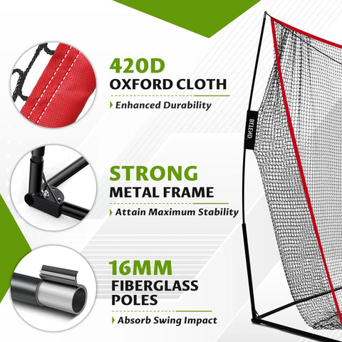 10x7ft Golf Net For Backyard Practice, Heavy Duty Hitting Net With Mat, showcasing Oxford cloth, metal frame, fiberglass poles