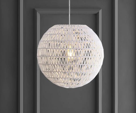 15.7 Inch White Modern Bohemian Woven LED Pendant Light With Adjustable Hanging Ceiling Lamp For Kitchen Island And Dining Room, Paper Wicker Shade, Bulb Included, Sleek And Lit