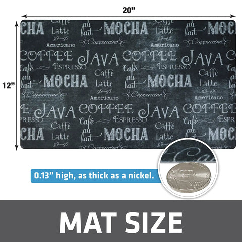 Coffee Bar Mat For Espresso Station Protects Countertops From Spills And Scratches With Absorbent Waterproof Washable Construction Sized 12 By 20 Inches USA Made Java Chalkboard Design showing dimensions and thickness.