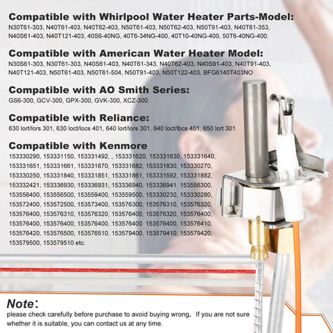 Water heater pilot assembly with thermopile; metal body and orange gas line.
