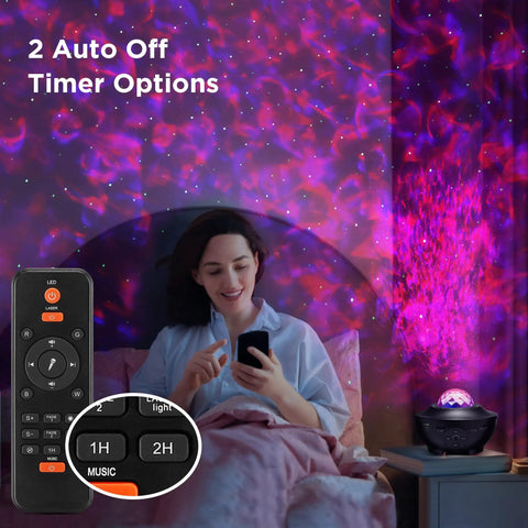 Woman enjoying Galaxy Night Light Projector With Bluetooth Speaker And Remote, Alexa And App Control, Bedroom Decor Lamp
