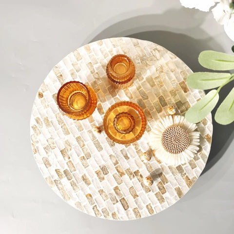 Heavy Duty 12 Inch Turntable With Silky Smooth 360 Spin And Shimmering Mother Of Pearl Detailing On A Luxe Champagne Gold Base with amber glassware.