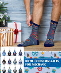 Twelve Pairs Men's Mechanic Socks Gift Set With Dope Cupcake And Gear Patterns, ideal Christmas gifts showcased on man's legs.