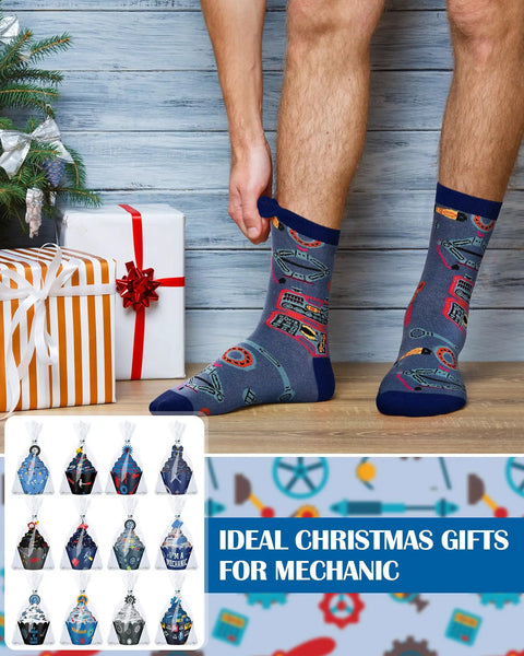 Twelve Pairs Men's Mechanic Socks Gift Set With Dope Cupcake And Gear Patterns, ideal Christmas gifts showcased on man's legs.