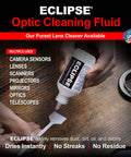 Eclipse Optic Cleaning Fluid bottle with dropper applying liquid to a cleaning tool; 15ml, 2-pack for cameras