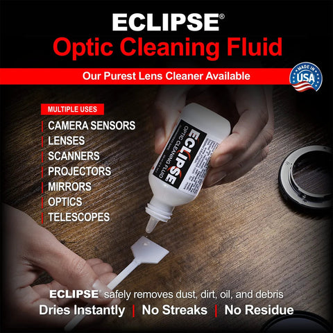 Eclipse Optic Cleaning Fluid bottle with dropper applying liquid to a cleaning tool; 15ml, 2-pack for cameras