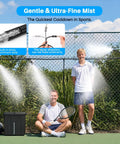 People on a tennis court being cooled by Portable Misting System With 9L Water Bucket And Built In 10000mAh Battery PCS Pump.