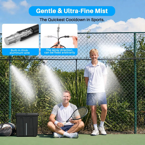 People on a tennis court being cooled by Portable Misting System With 9L Water Bucket And Built In 10000mAh Battery PCS Pump.