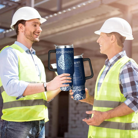 Two engineers holding a 40 Ounce Insulated Stainless Steel Tumbler With Handle And Straw For Engineers Built Tough Double Wall Coffee Cup