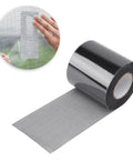 Self Adhesive Window Screen Patch Tape, Heavy Duty Mesh Repair Roll in black, 80mm wide by 6.1m length, shown in use and on roll