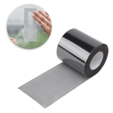 Self Adhesive Window Screen Patch Tape, Heavy Duty Mesh Repair Roll in black, 80mm wide by 6.1m length, shown in use and on roll