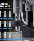 Zelcan 1550W Magnetic Drill Press With 2 Inch Boring Dia And 11 Core Bits featuring various drill bits for precise metal drilling.