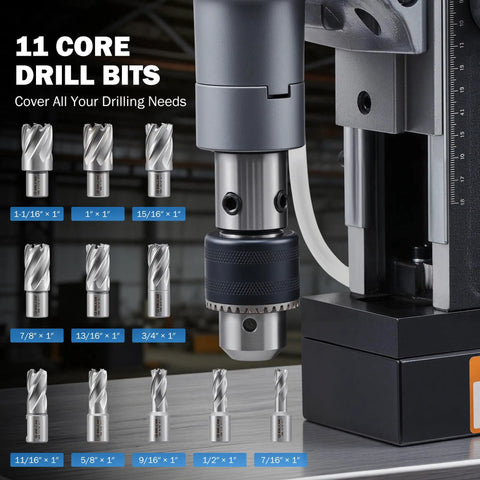 Zelcan 1550W Magnetic Drill Press With 2 Inch Boring Dia And 11 Core Bits featuring various drill bits for precise metal drilling.