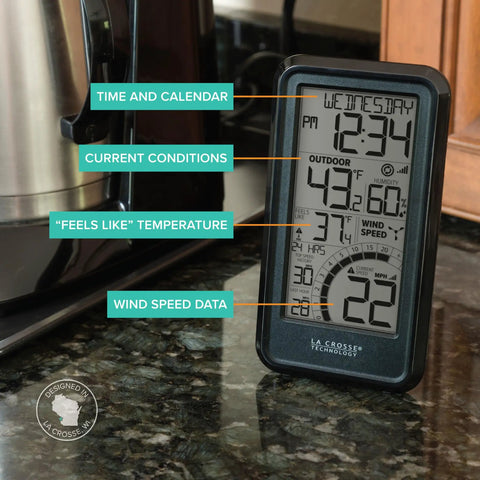 Monochromatic Digital Wind Speed Station With Indoor Outdoor Temperature And Humidity displaying time, temperature, and wind data.