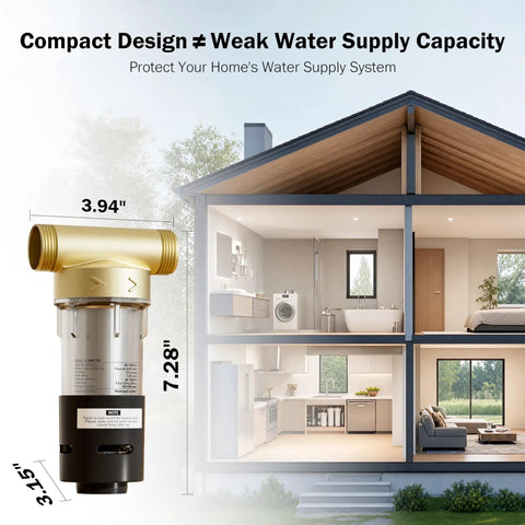 No Nonsense Spin Down Sediment Water Filter With Swivel Stainless Steel Mesh And Easy Rinse Scraper Yields Clean Tap Water Using Switchable 40 Or 100 Micron Screens For Straightforward Household Plumbing displayed in a compact size with dimensions.