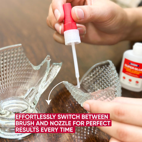 Applying 2 In 1 Brush On Super Glue With Nozzle, Mess Free, Never Dries Out, 3000 CPS CA Glue to repair broken glassware.