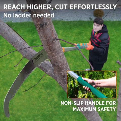 23ft Reach Tree Pruning Saw For Easy High Reach Yard Work No Ladder Needed Telescopic Manual Lightweight Extendable Pole Saw With Sharp Carbon Enriched Blade For Efficient Tree Maintenance And High Reach Branch Cutting in use by man trimming tree branches.