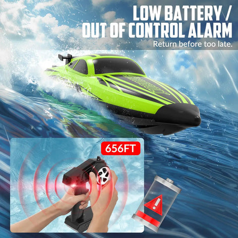 Brushless RC Boat For Adults With Dual Rechargeable Batteries, High Speed Remote Control Boat Reaching 30 Plus MPH On Lakes, 30+ Minutes Of Proportional Control, Green 79705 showing low battery and control alarm