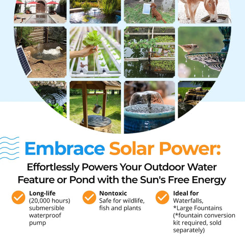 Large Solar Water Pump Kit Moves 900 GPH With Dual 35 Watt Sun Powered Panels For Plug Free Submersible Flow making outdoor ponds.